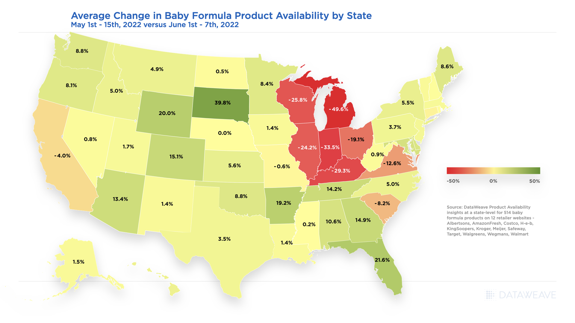 Average Change in Baby Formula Product Availability by State: May-June 2022